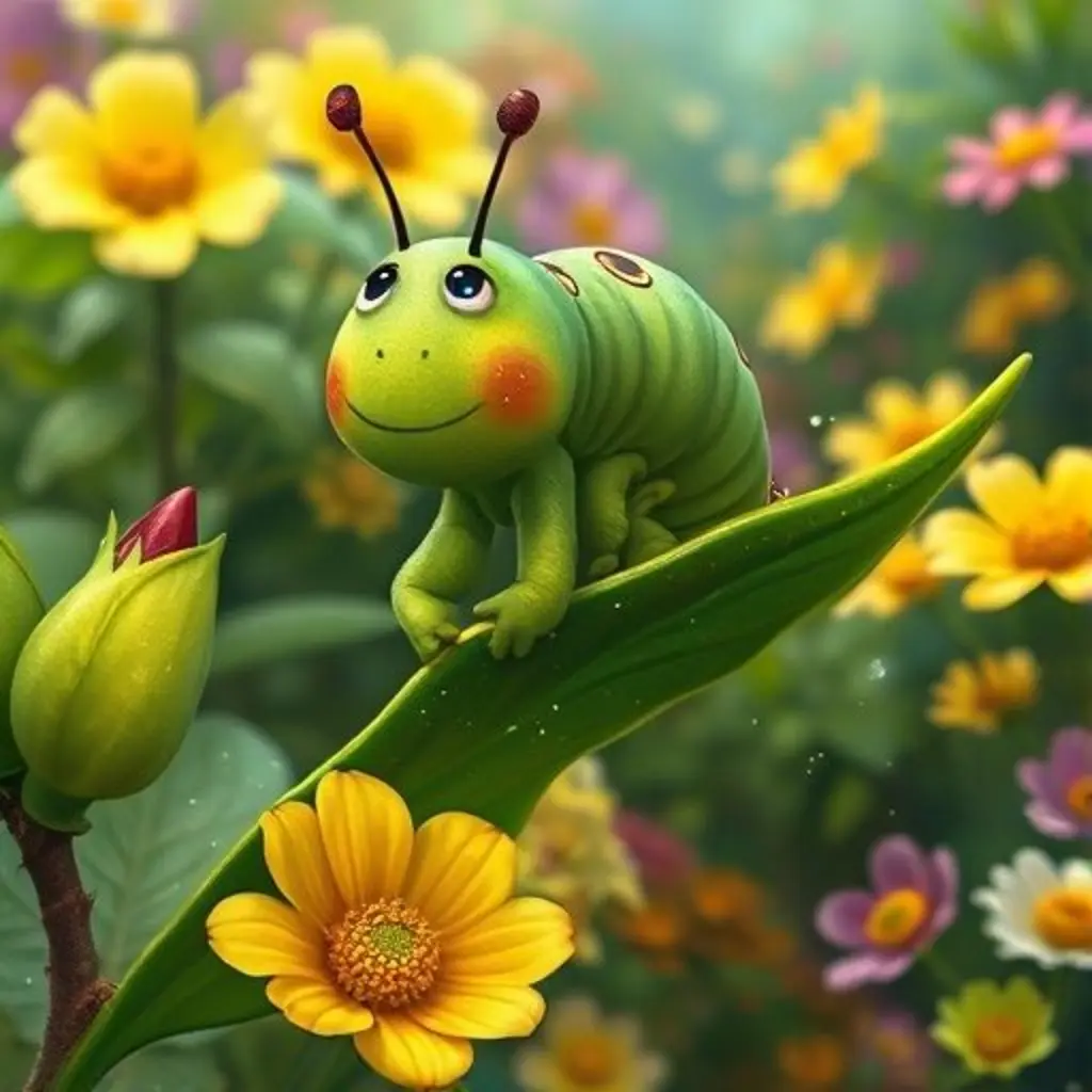 Rizos, una oruga verde, mordisqueando una hoja verde brillante en un jardín mágico.