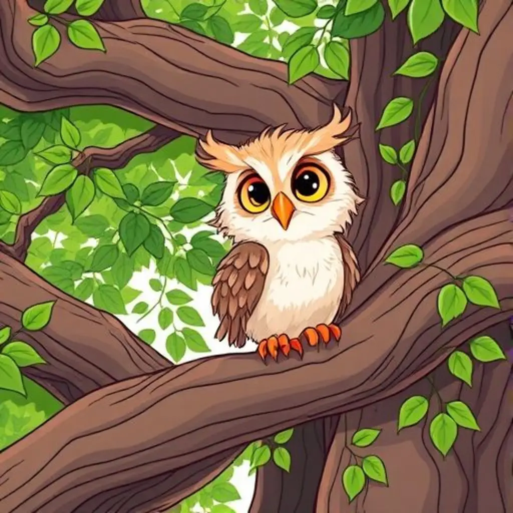 Plumitas, un búho bebé, aletea sus alas en un árbol, haciendo que las hojas susurren.