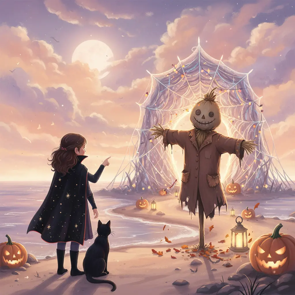Olivia, disfrazada de vampira con capa estrellada, y su gato Sombra, cerca de un cementerio junto a la playa, mirando a un espantapájaros torpe y una puerta brillante.