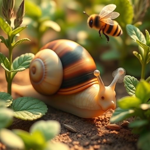 Rizos el caracol observando a Zumbido la abeja, que parece perdida en el jardín.