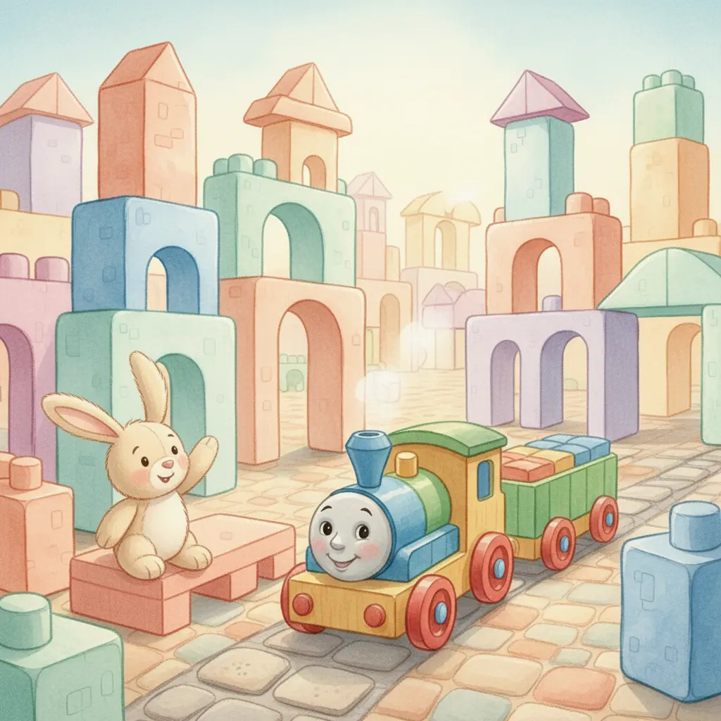 Tren Pequeñín llega a un pueblo de bloques, donde Conejo Lanas, un conejito de peluche, lo saluda con una pata.