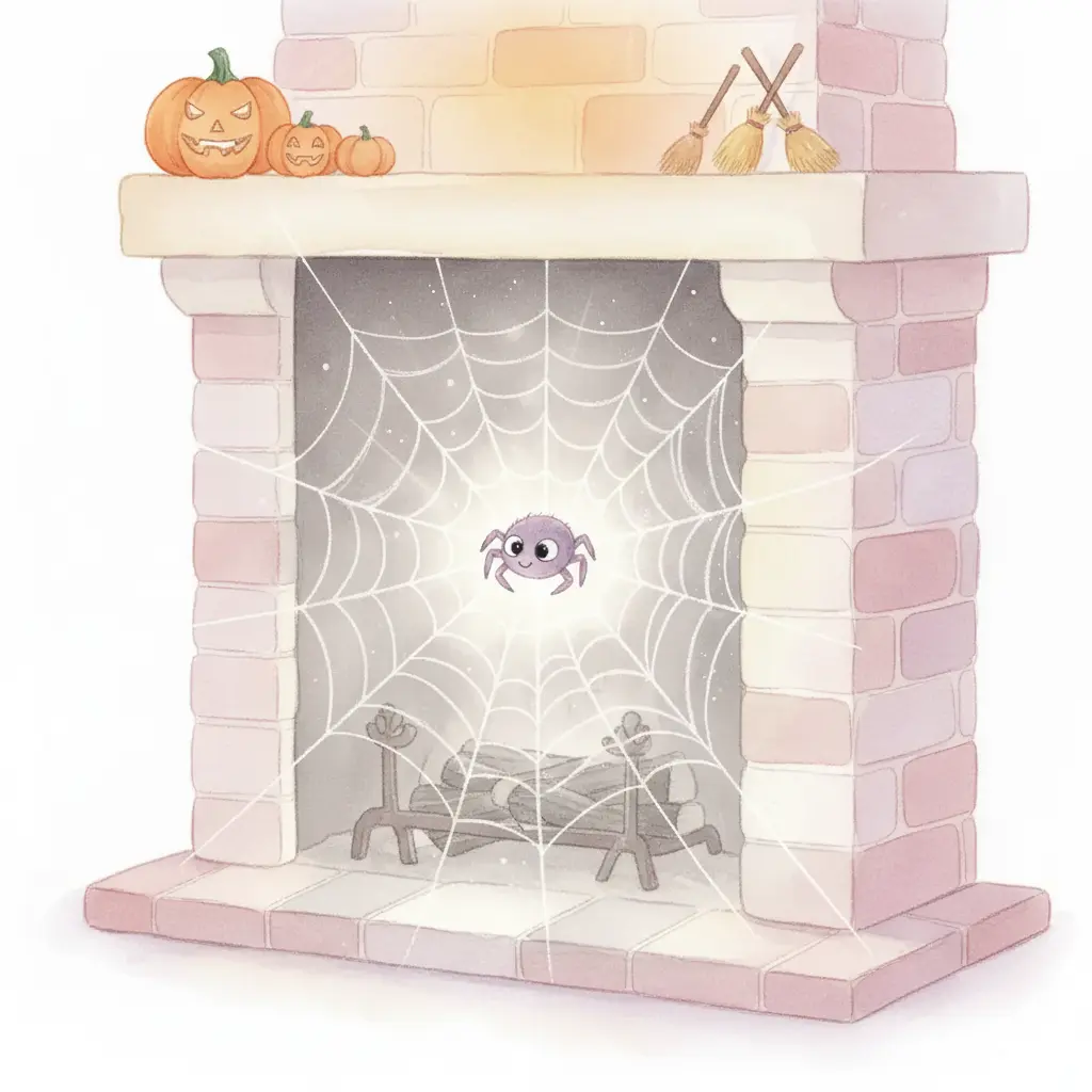 Teo, una pequeña telaraña, curiosa en el rincón de una chimenea apagada.