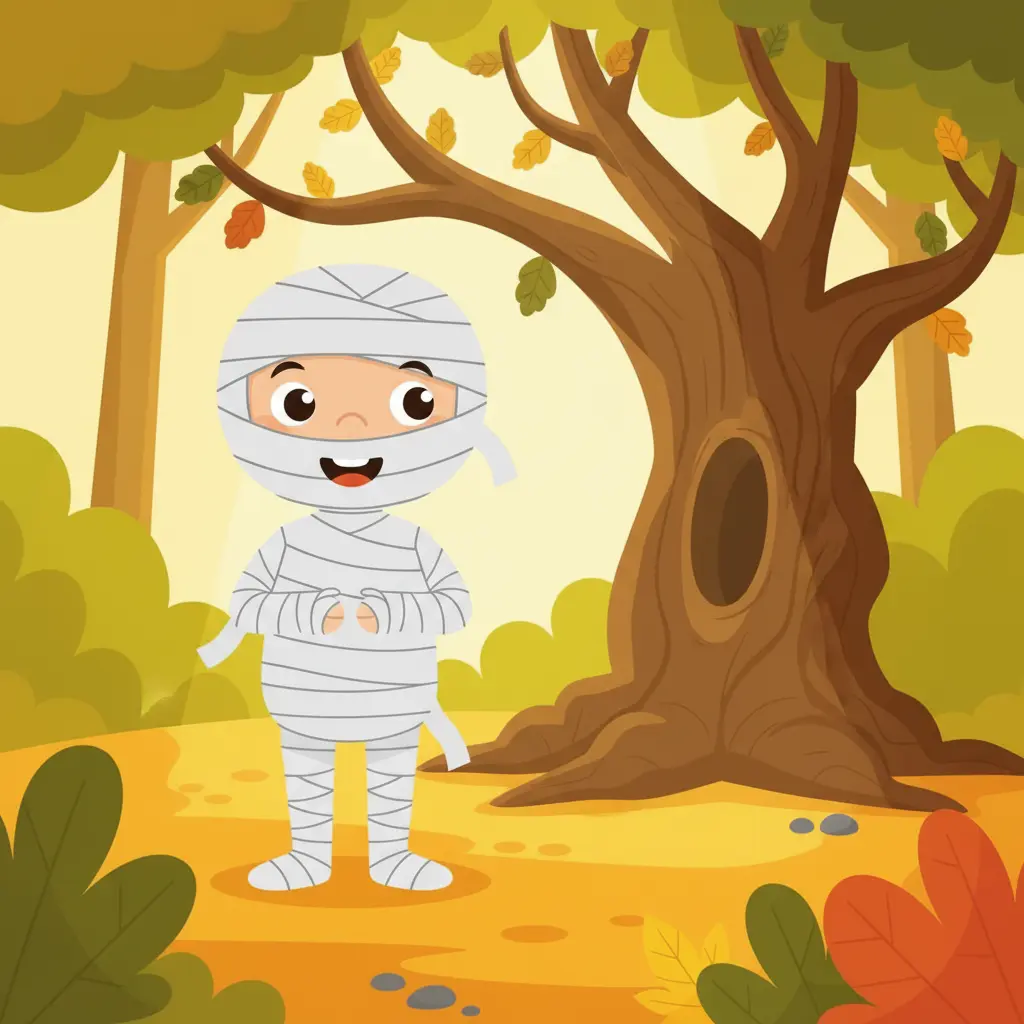 Una pequeña momia llamada Enredito, con vendas sueltas, mira un Viejo Roble gigante en un claro del bosque, llena de emoción por el Halloween.