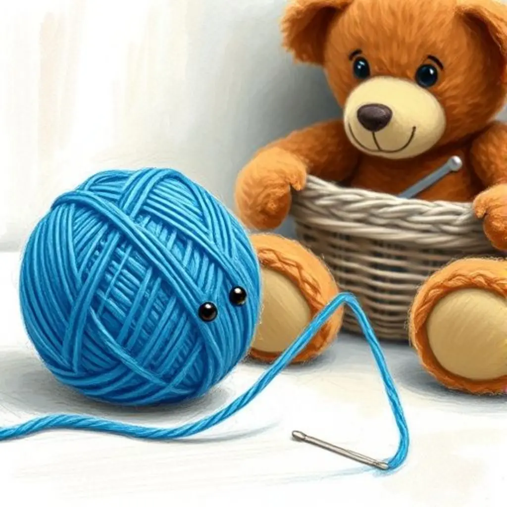 Azulito se desenreda, formando un pequeño puente de lana hacia el osito.