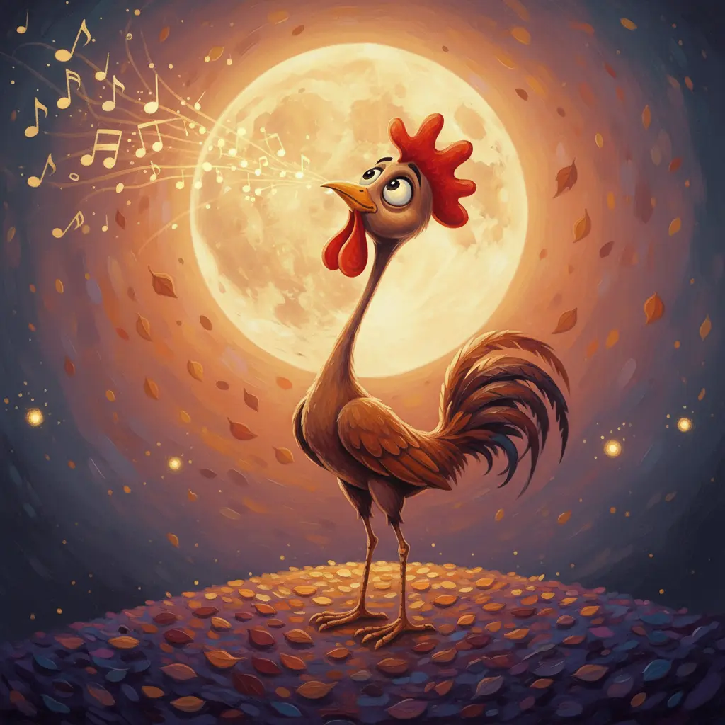 Piquifino, el gallo, cantando su 'Kikirilunaaa' bajo una luna brillante, rodeado de luciérnagas, celebrando su singularidad.