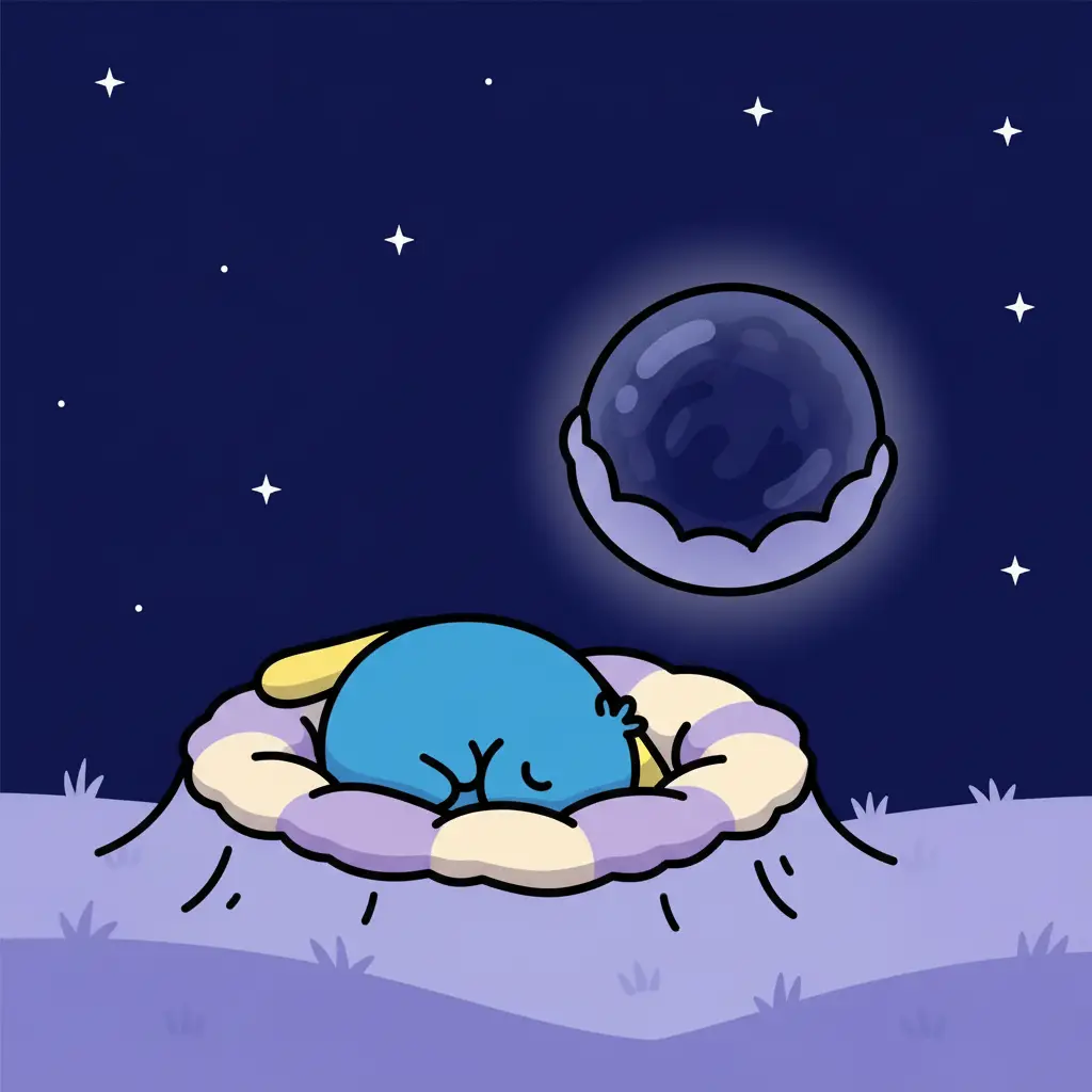 Nori duerme acurrucado en un cráter lunar junto a la flor ya cerrada.