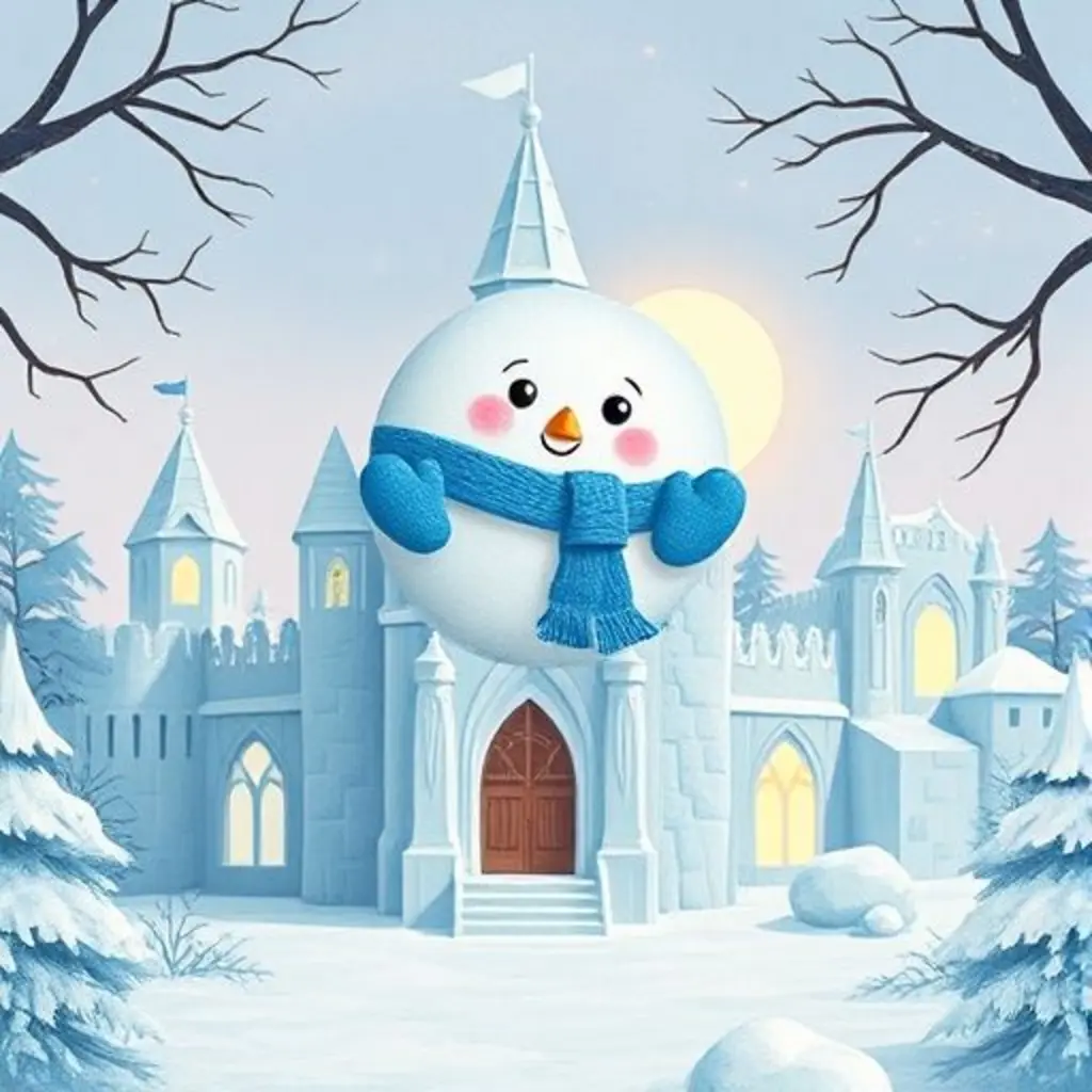 Copito, un copo de nieve, aterriza suavemente en un castillo de hielo que empieza a brillar.