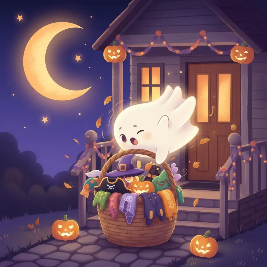 Fantasmín tropezando con un cesto de disfraces frente a una casa en Halloween.