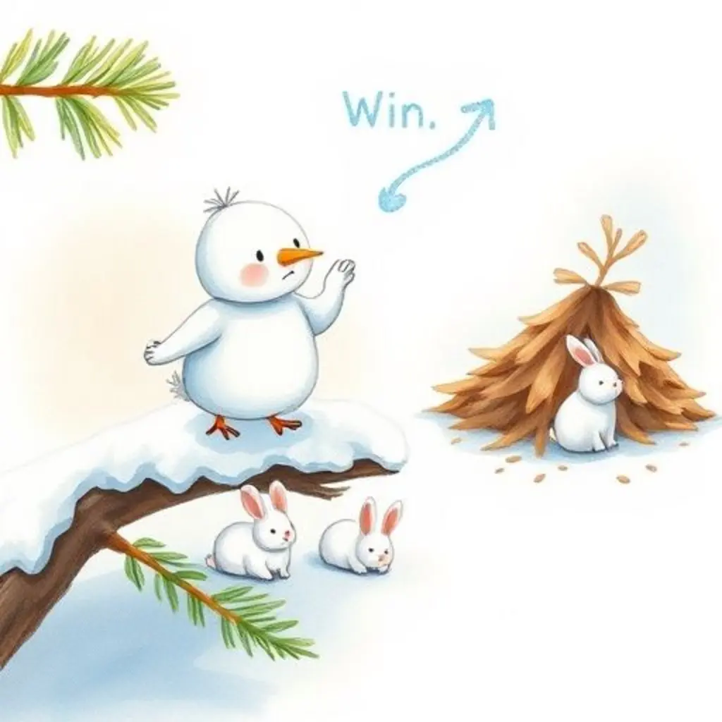 Blanquito, el copo de nieve, intenta pintar un mensaje, pero solo hace garabatos mientras conejos despistados buscan en hojas secas.