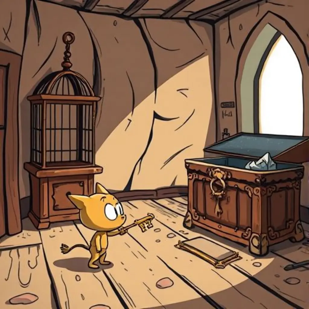 Llavín la llave, primero mirando una jaula de pájaros, luego descubriendo un baúl antiguo y oculto.