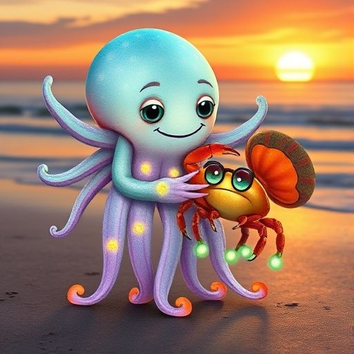 Disio abraza a Cangrejo Sabio con alegría, sosteniendo su bolsita de perlas recuperada al atardecer.