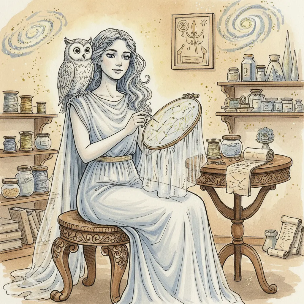 Atenea borda un velo con hilos brillantes, mientras un búho la observa.
