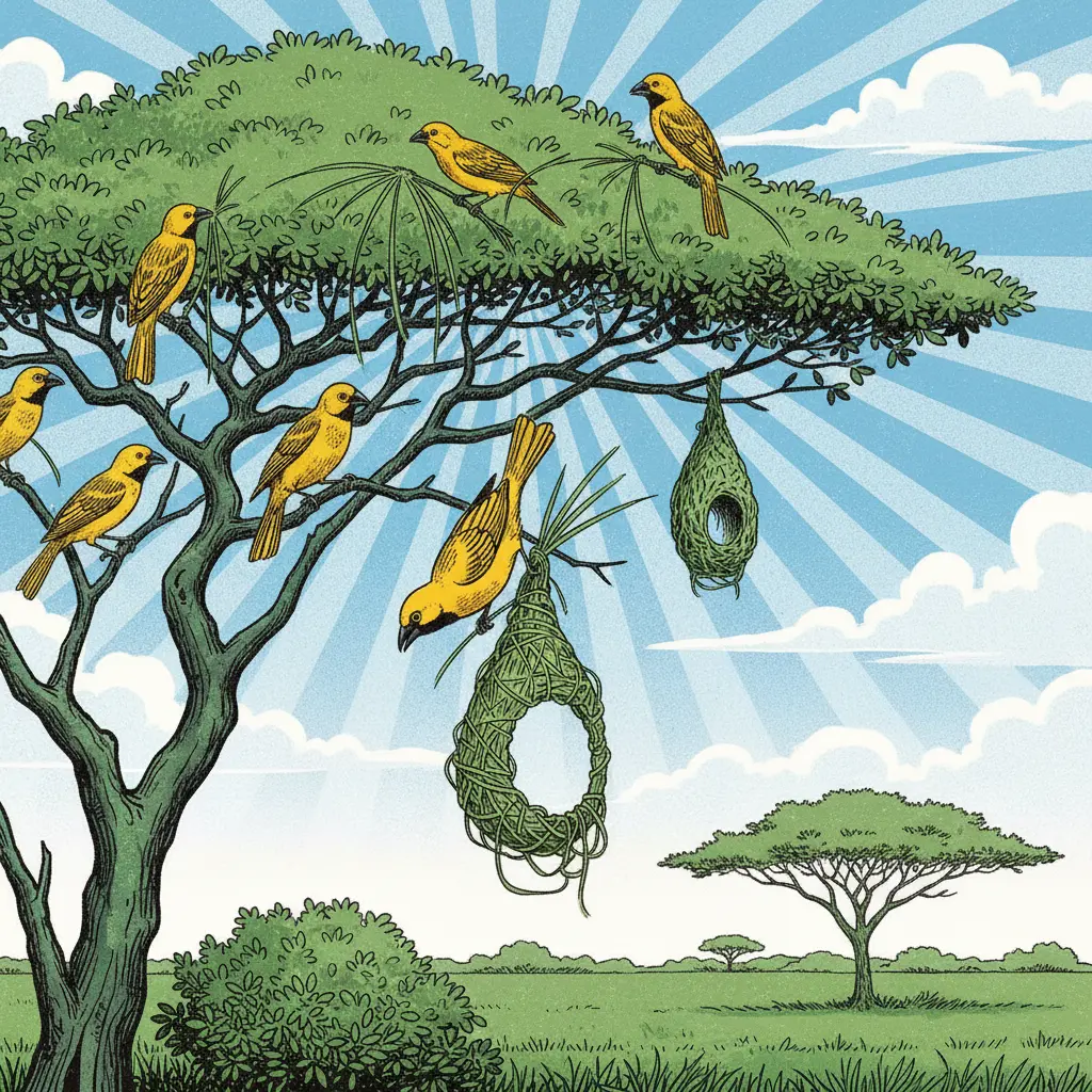 El pájaro tejedor colgado boca abajo formando un anillo de paja en el aire.