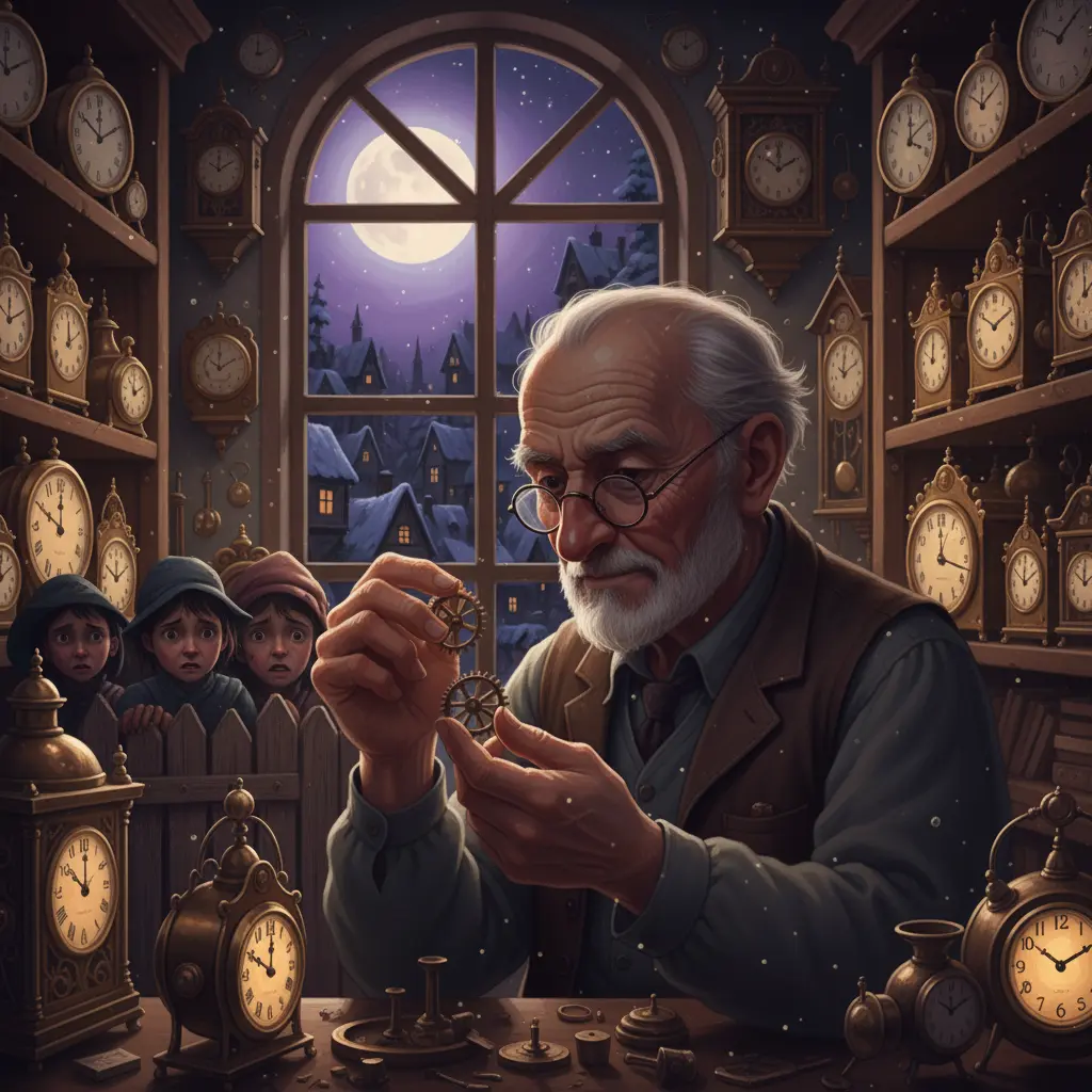 El viejo relojero encorvado en su taller, mientras niños curiosos lo observan desde fuera.