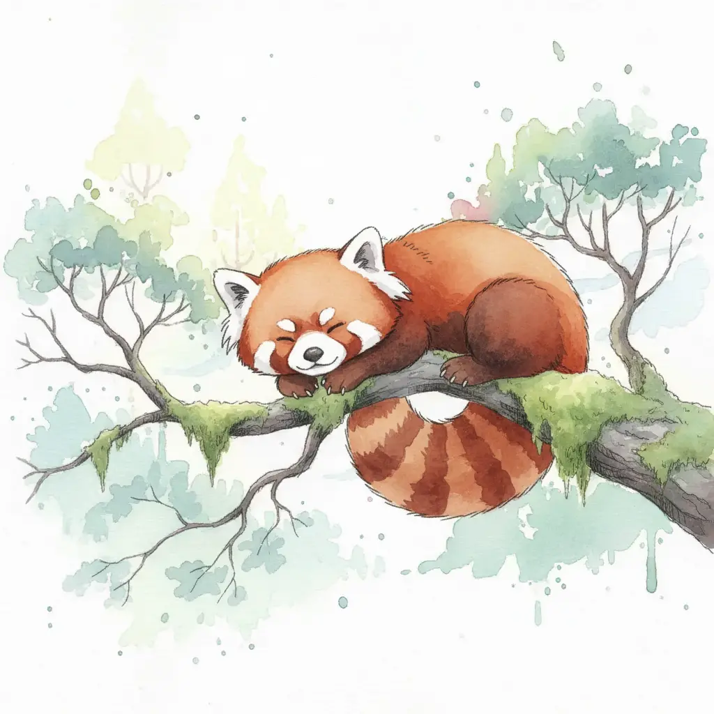 Un panda rojo completo y sonriente descansa sobre la rama del árbol.