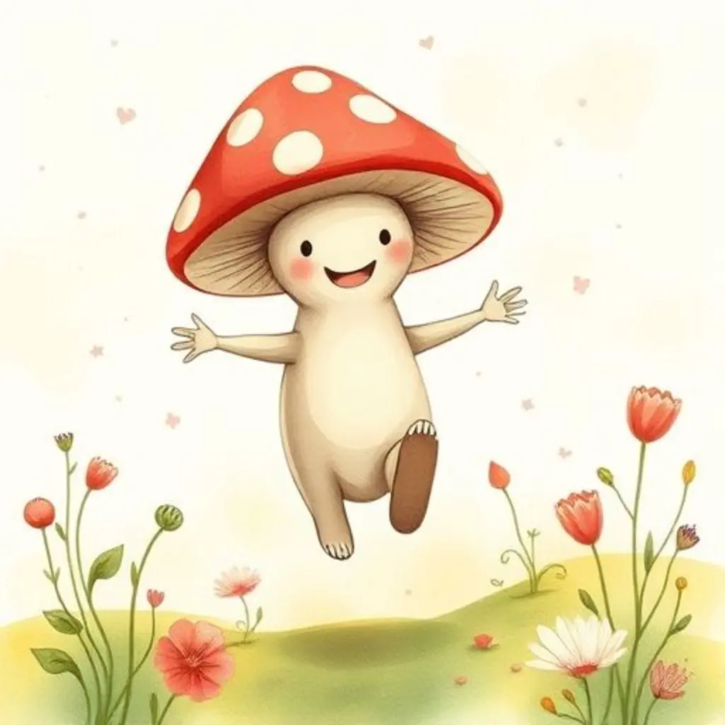 Saltarín, un hongo feliz, rebotando alto en un prado mágico.