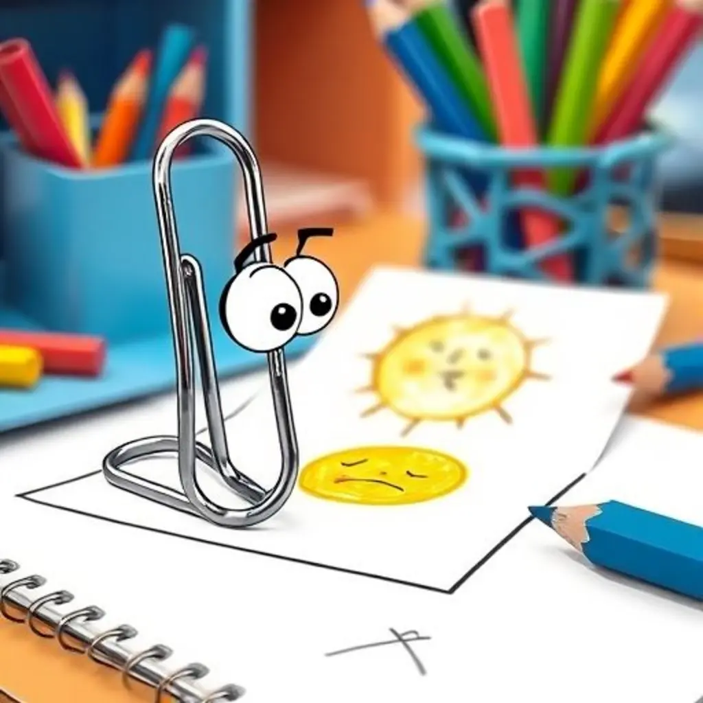 Curvitas, un clip de papel, mira un sol triste dibujado en un papel.