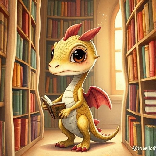Kico el Bibliodrilo perdido entre estantes de libros en una biblioteca.