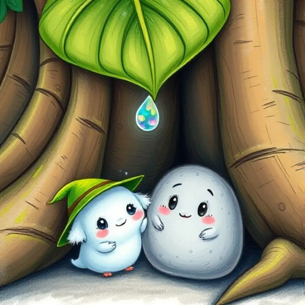 Coco se asoma a un guijarro parlante atrapado, mientras una gota de rocío iridiscente brilla sobre ellos.