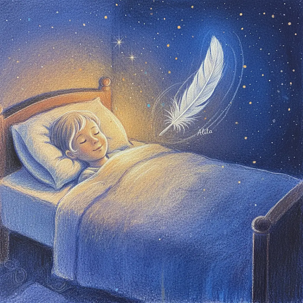 Alita la pluma se eleva suavemente hacia el rostro del niño dormido, quien empieza a sonreír levemente en su sueño, bañado por una luz cálida.