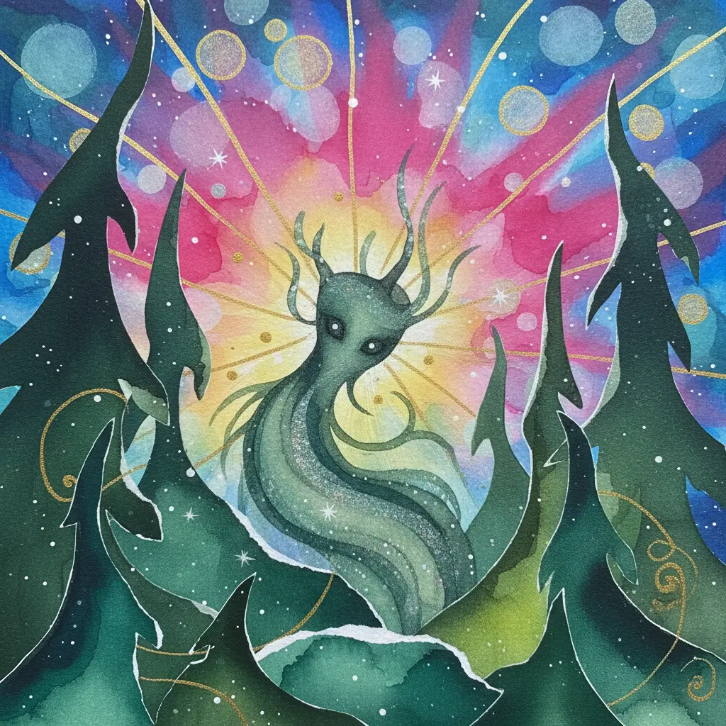 Un pequeño espíritu del bosque, brillante y curioso, escucha un eco lejano entre árboles danzantes.