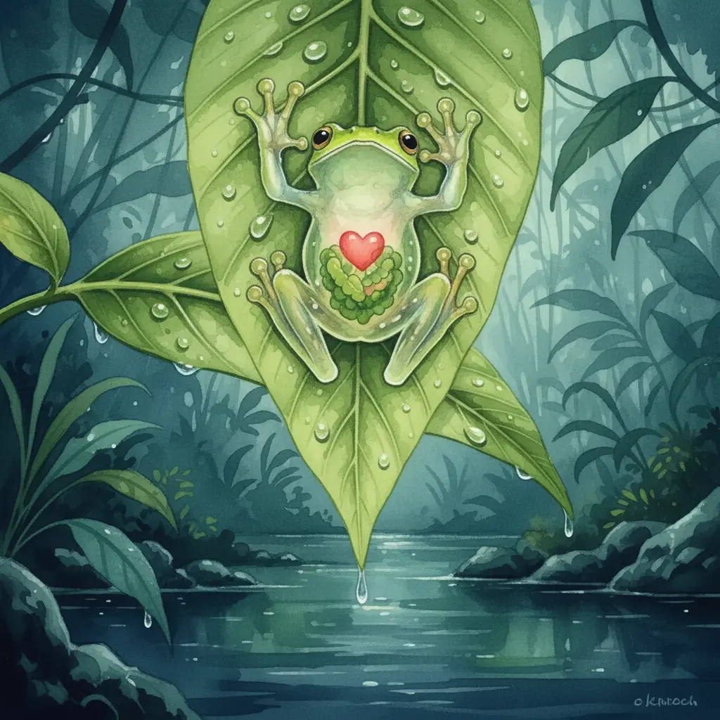 Vista desde abajo de la rana mostrando su barriga transparente y sus órganos internos.