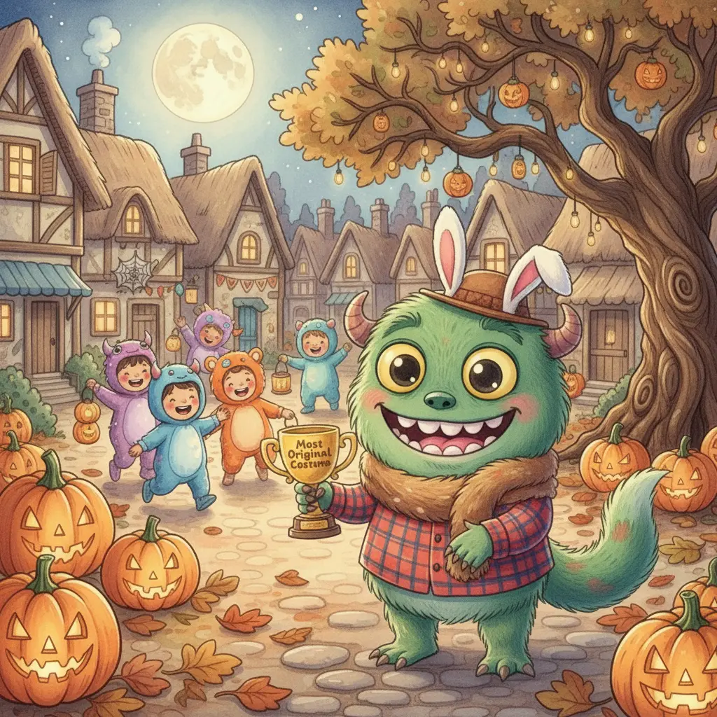 Peludín, con su disfraz único de camisa a cuadros, sombrero con orejas y su cola como bufanda, sonríe feliz en una fiesta de Halloween iluminada por calabazas y luces de colores, sosteniendo un trofeo.