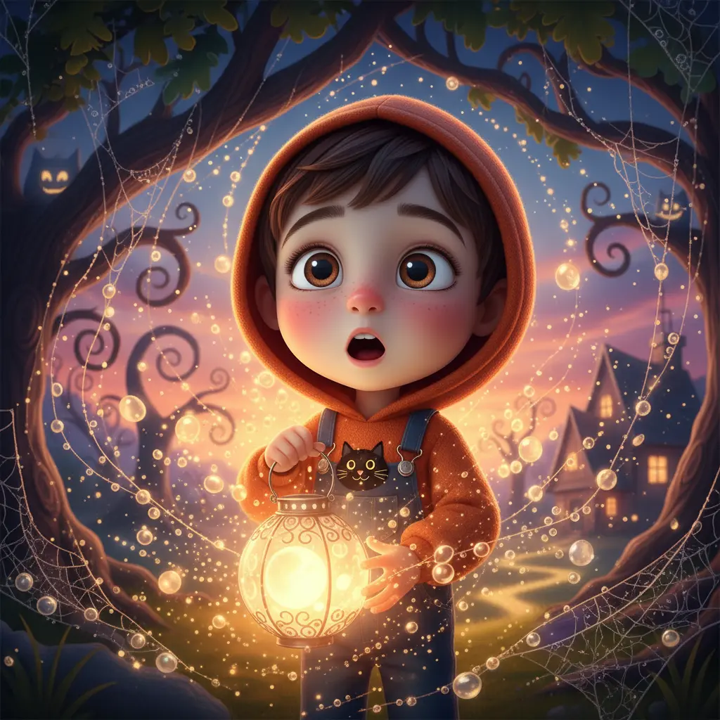 Pedrito bajo un roble, su linterna ilumina gotas de rocío que brillan.