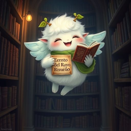 Cieli flota con el libro del Rayo Risueño en sus patitas, su carita llena de alegría.