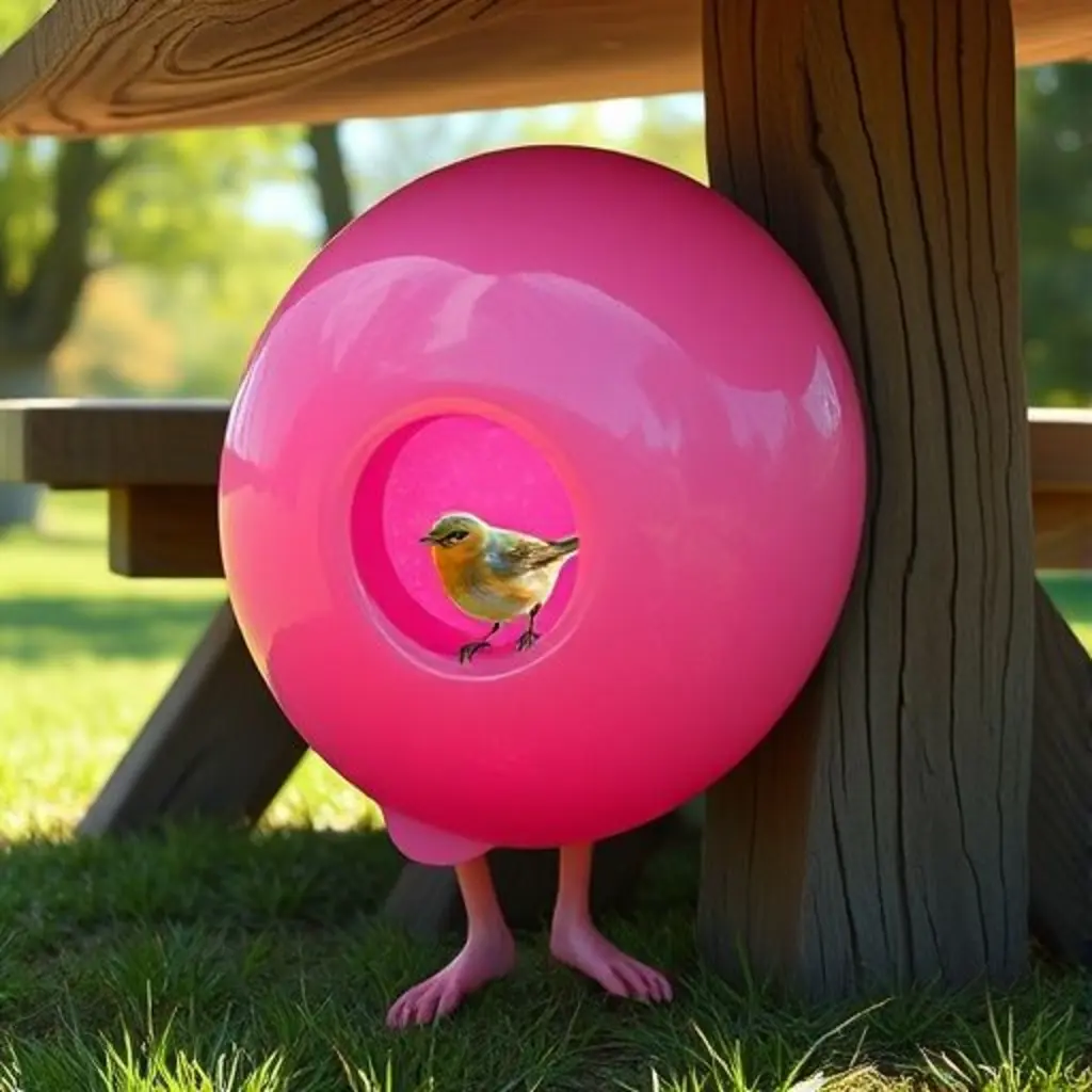 Burbuja, una pompa de chicle rosa, se estira bajo una mesa y ve un pájaro resbalar.