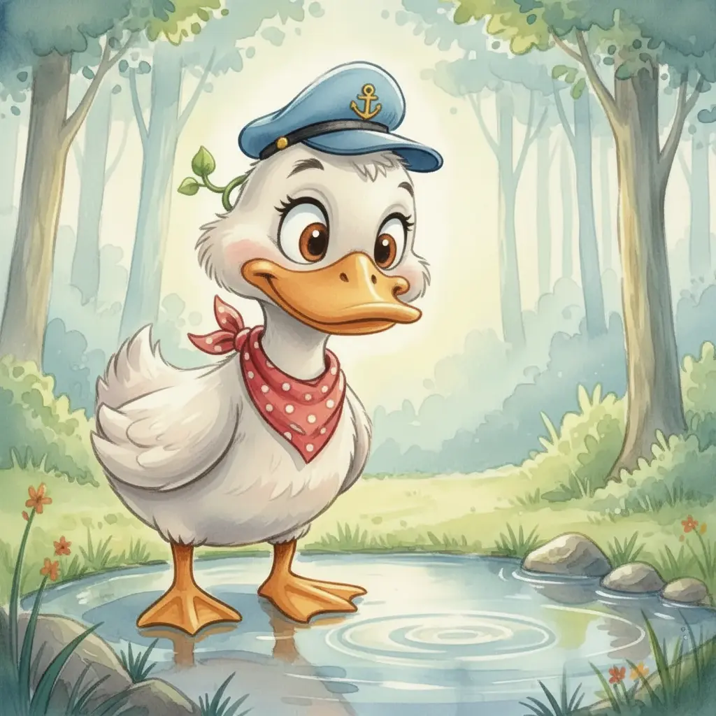 Capitán Pata-Pato, un pato con un parche de nenúfar, mira pensativo un charco en el bosque.