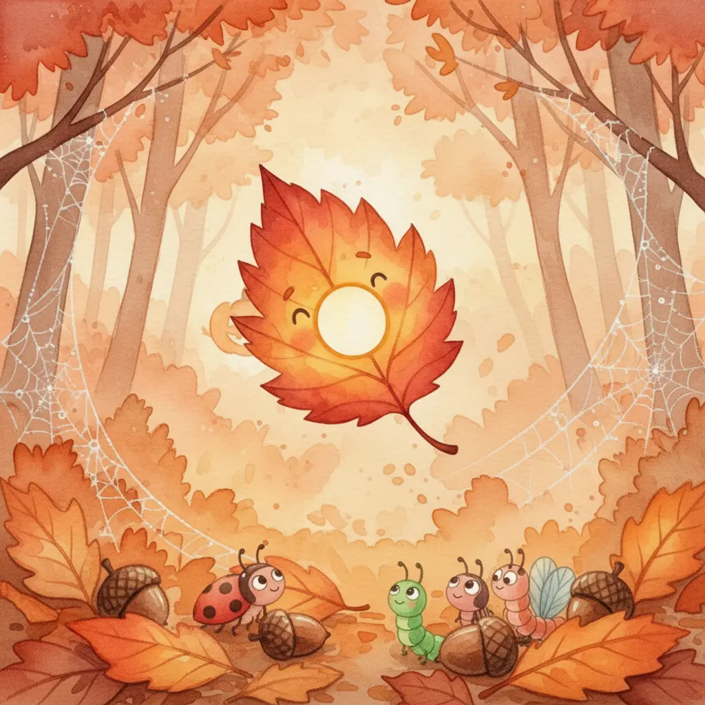 Hojita Viajera aterriza suavemente en un lecho de hojas, feliz con su aventura.