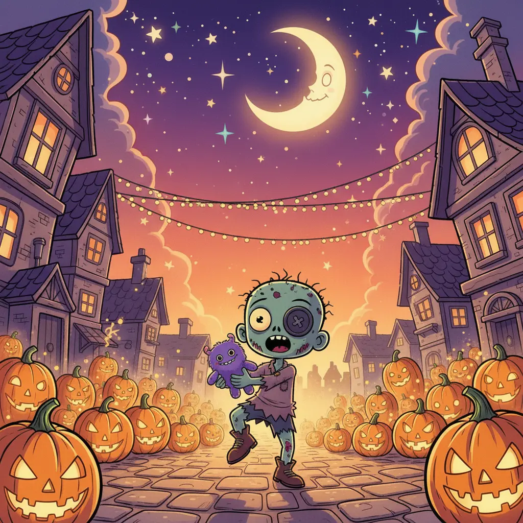 Zombo, un pequeño zombi con un ojo de botón, practica un abrazo con brazos rígidos en una plaza de Halloween iluminada.