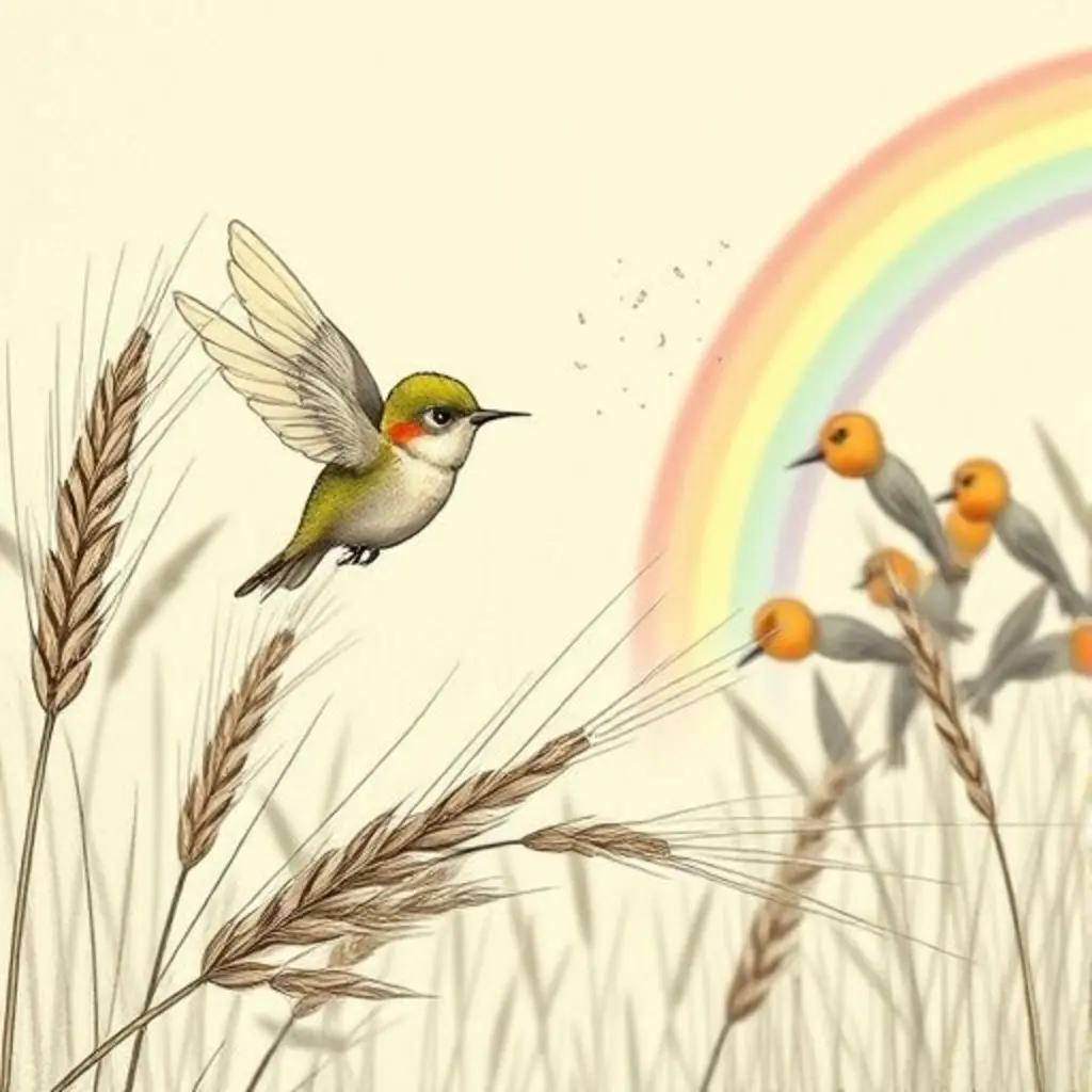 Torbellino descubre una rama de roble 'robando' los colores de los arcoíris, mientras un colibrí triste observa.