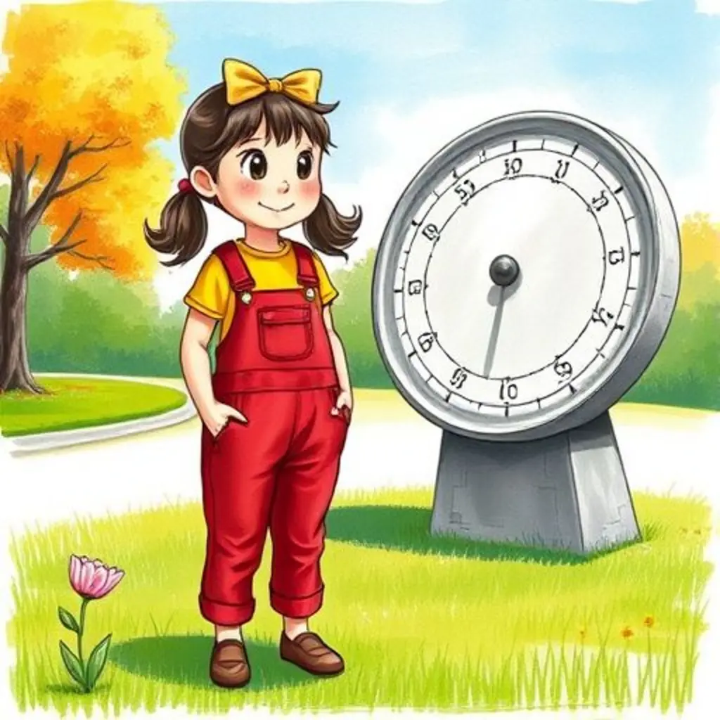 Ana mira la sombra de un reloj de sol en un parque soleado, con una flor triste cerca.