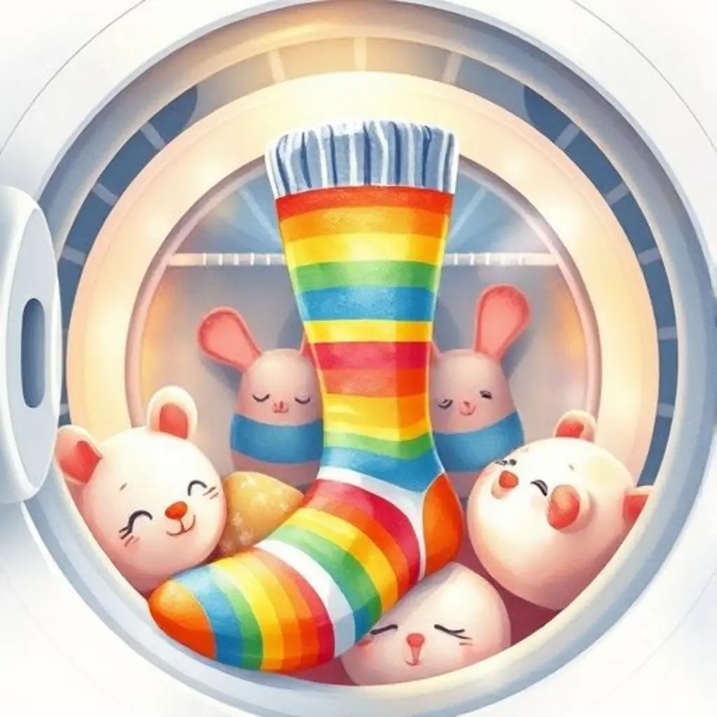 Rayas Locas brilla suavemente rodeado de ropa limpia y feliz en la lavadora, con un resplandor de arcoíris.