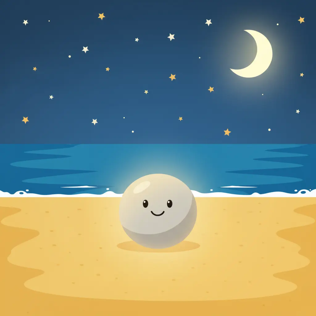 Calientito, el guijarro, descansa solo en la playa bajo la luna, sintiéndose lleno de propósito.