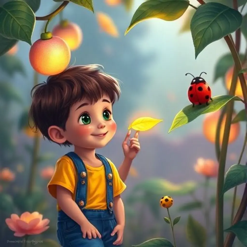 Pedrito y Lucía disfrutando de la planta mágica en el jardín.