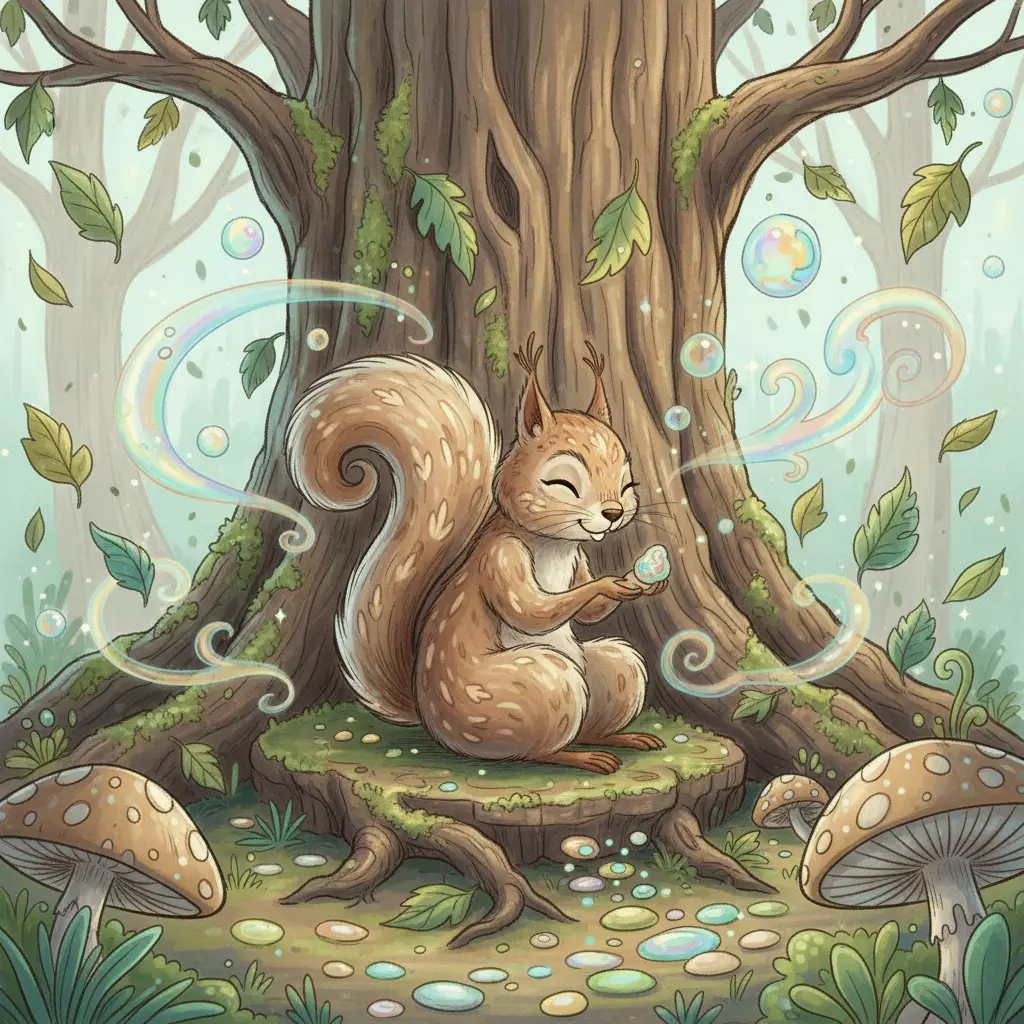 La ardilla se sienta al pie de un árbol enorme que susurra secretos, al final del sendero brillante.