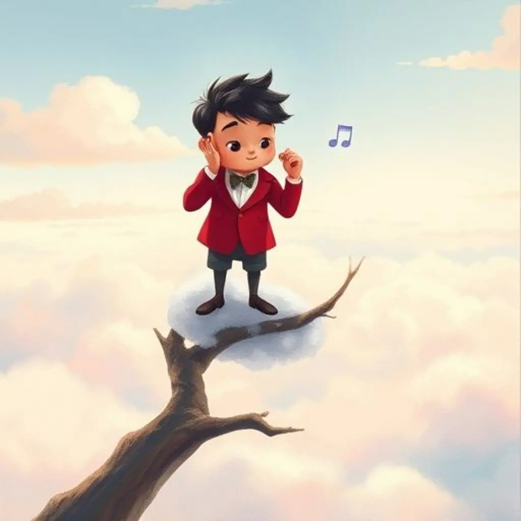 Sonoro, un ser diminuto, escucha atentamente un misterioso sonido desde su casa del árbol en las nubes.