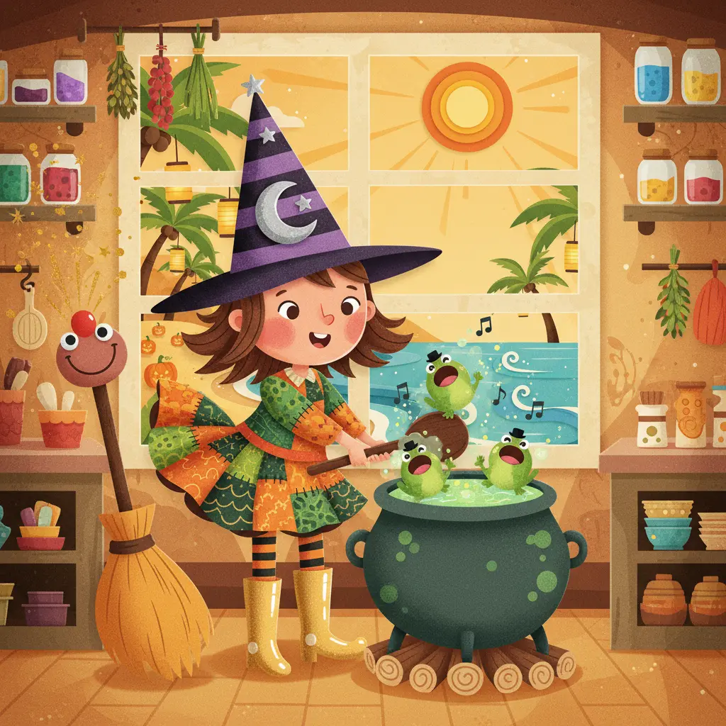 La Brujita Tula en su cocina, preparando una poción mágica en un caldero del que salen ranas de gelatina que cantan.