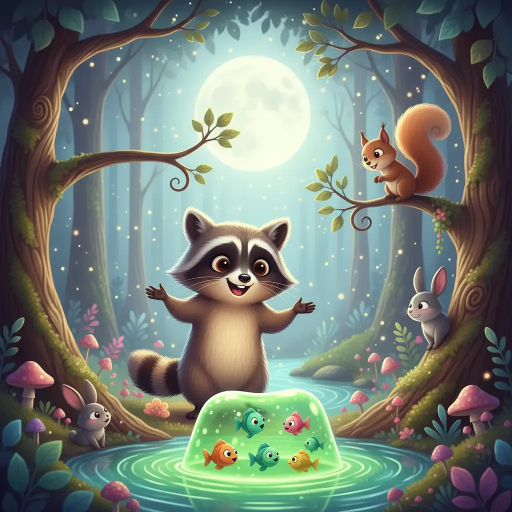 Mapache Olvidadizo cuenta la historia del río de gelatina mientras el agua se vuelve verde y tiembla mágicamente.