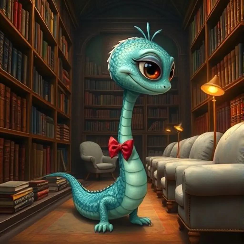 Tasin, una serpiente bibliotecaria con gafas, se desliza tímidamente entre estanterías de libros mágicos.