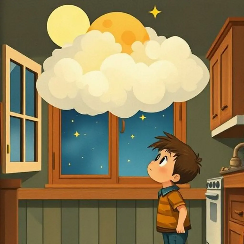 Chispa crea una perfecta nube con aroma a galletas que flota sobre Leo, quien la observa maravillado bajo la luz de la luna.