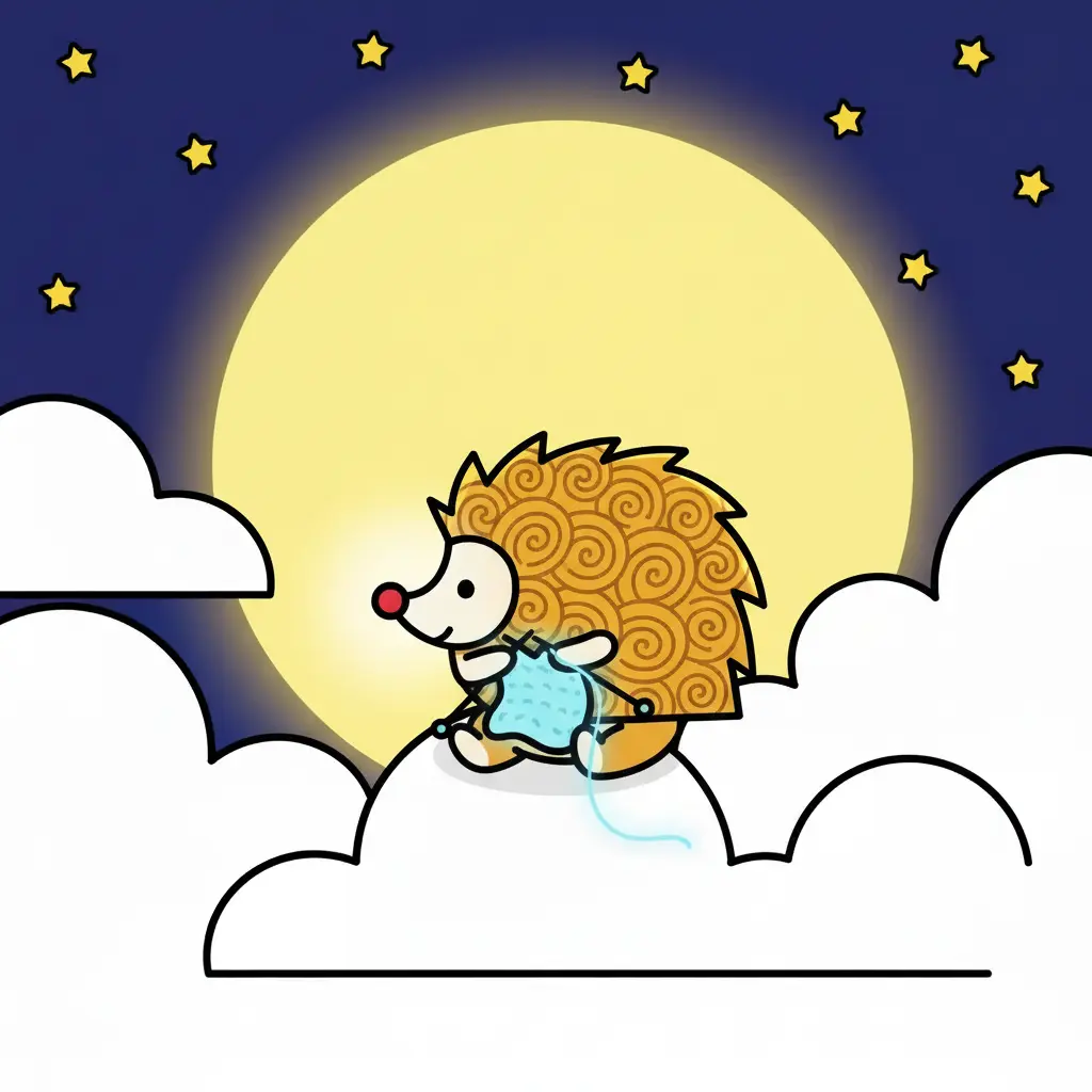 Pipo teje una manta brillante bajo la luz de una gran luna amarilla.