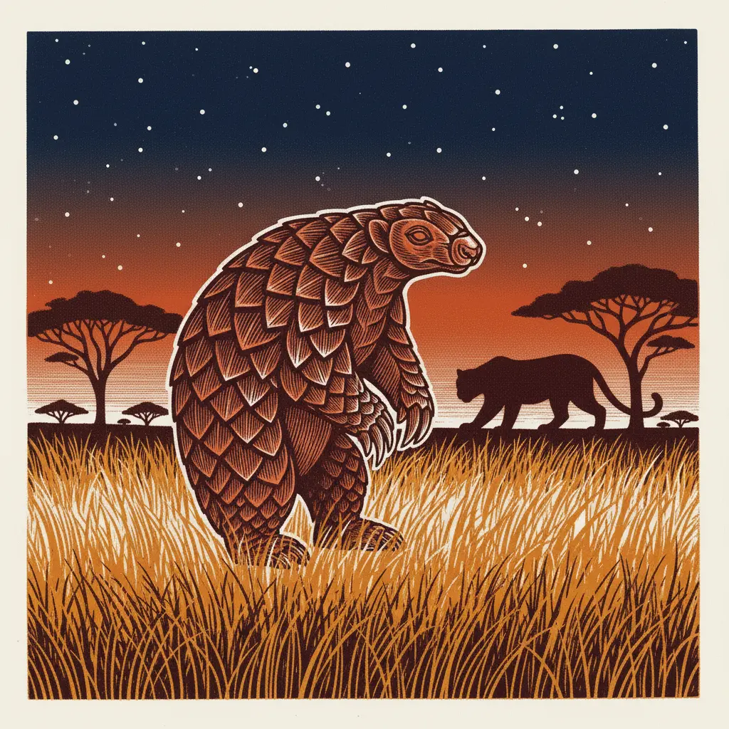 Un pangolín quieto en la hierba mientras un leopardo se acerca en la sombra.