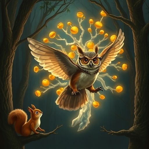 Sueños el búho volando con confianza, creando una escarcha mágica con forma de árbol de nueces, y una ardilla lo mira asombrada.