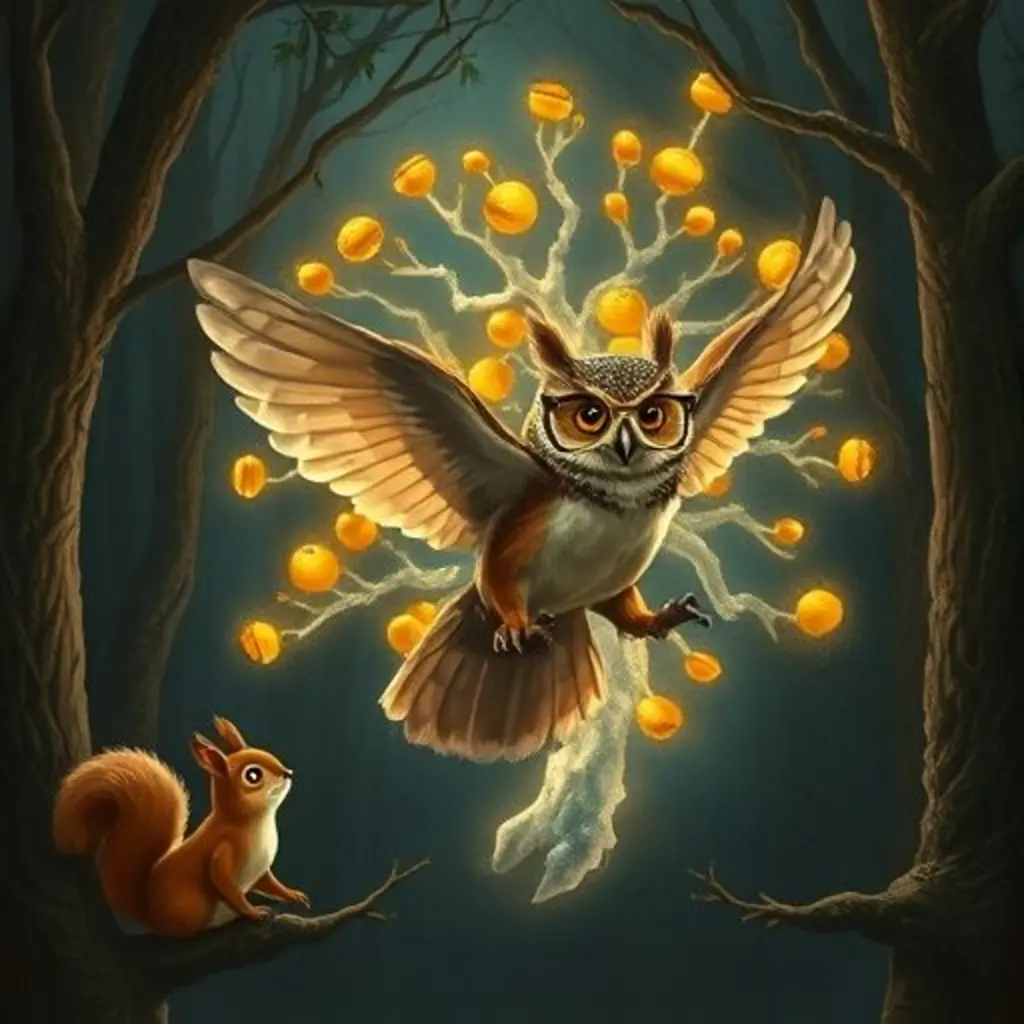 Sueños el búho volando con confianza, creando una escarcha mágica con forma de árbol de nueces, y una ardilla lo mira asombrada.