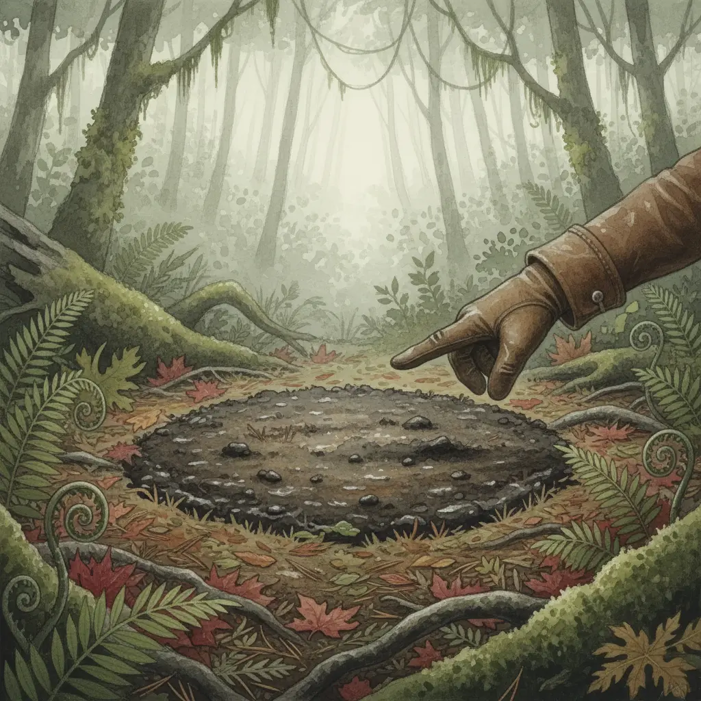 Un claro circular de tierra oscura en medio de un bosque de helechos verdes y neblina.