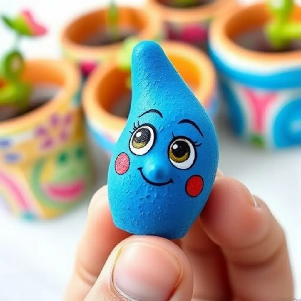 La mano de un artista sostiene a Azulín, cuya punta está derretida, cerca de unas macetas de barro.